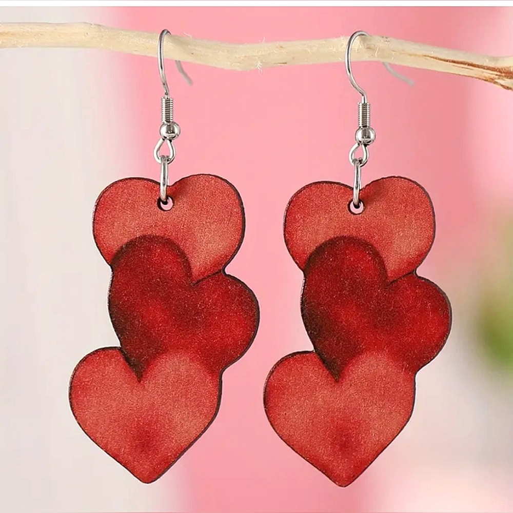 Dangle Heart Earrings / Wood Carved Earrings